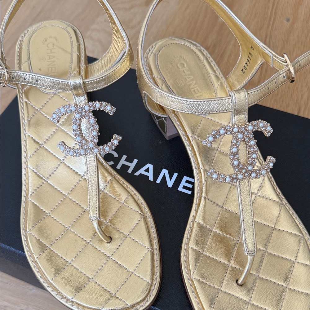 CHANEL Gold Quilted Pearl CC Thong Sandals